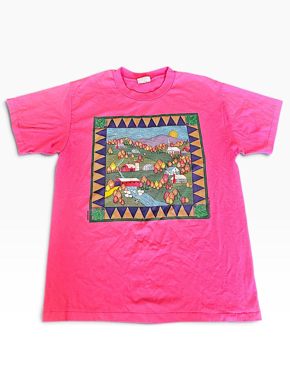 Vintage 90s Hanes Heavyweight Folk Art Graphic T-Shirt Pink Made in USA L